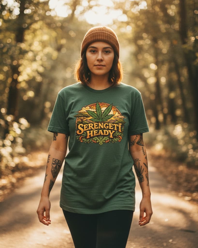 The Landscape — forest colorway, front of the tee worn by a model