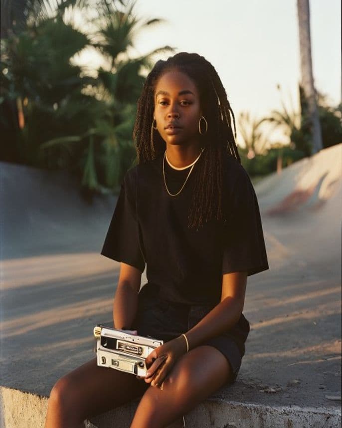 AI-generated lookbook: model wearing the The Landscape black colorway in Empty skate park · sundown