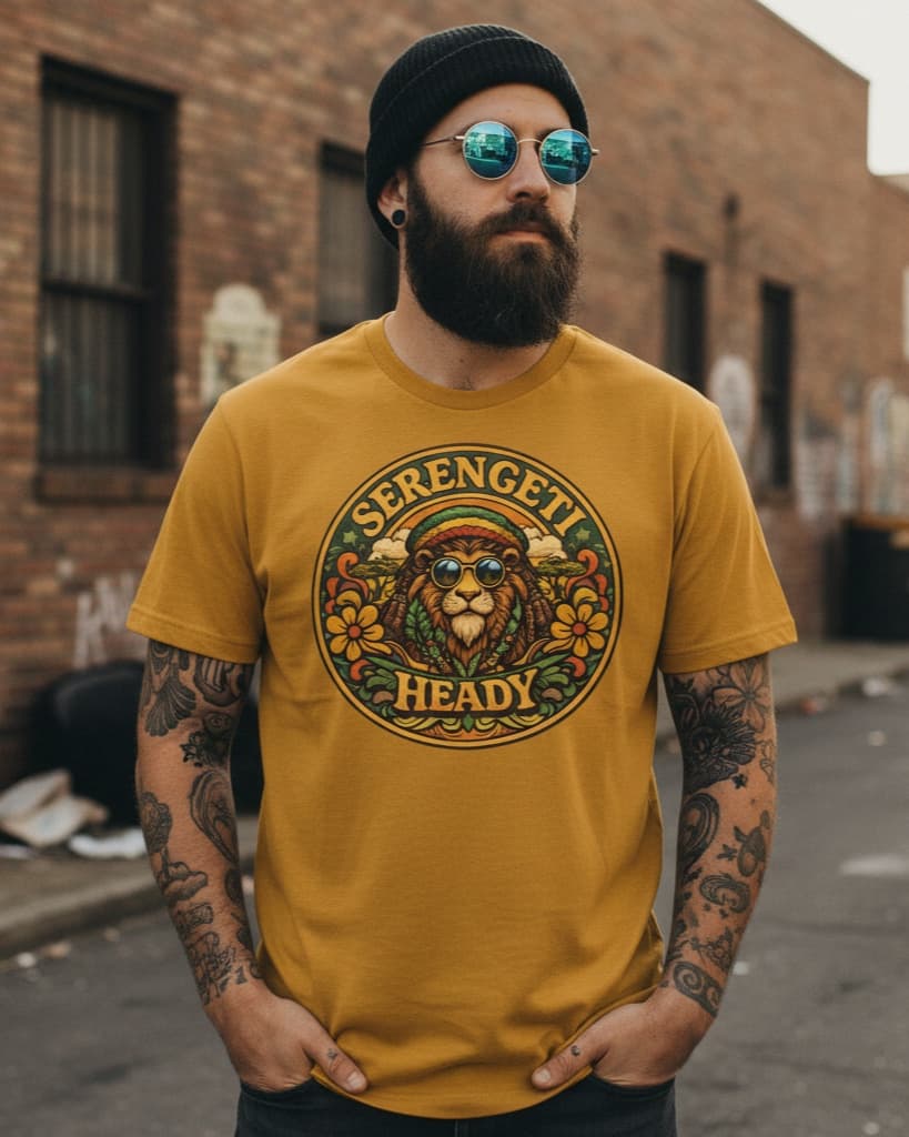 The Lion — mustard colorway, front of the tee worn by a model