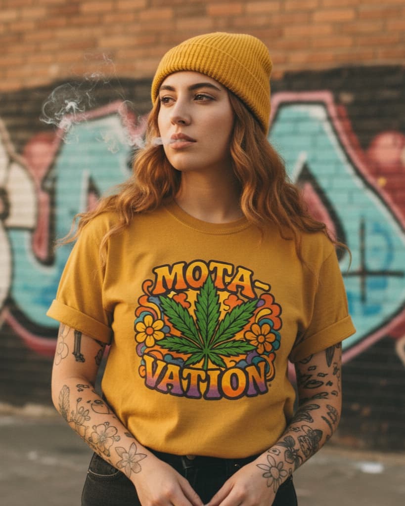 MotaVation — mustard colorway, front of the tee worn by a model