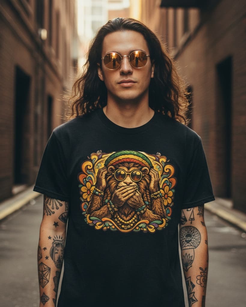 Speak No Evil — black colorway, front of the tee worn by a model