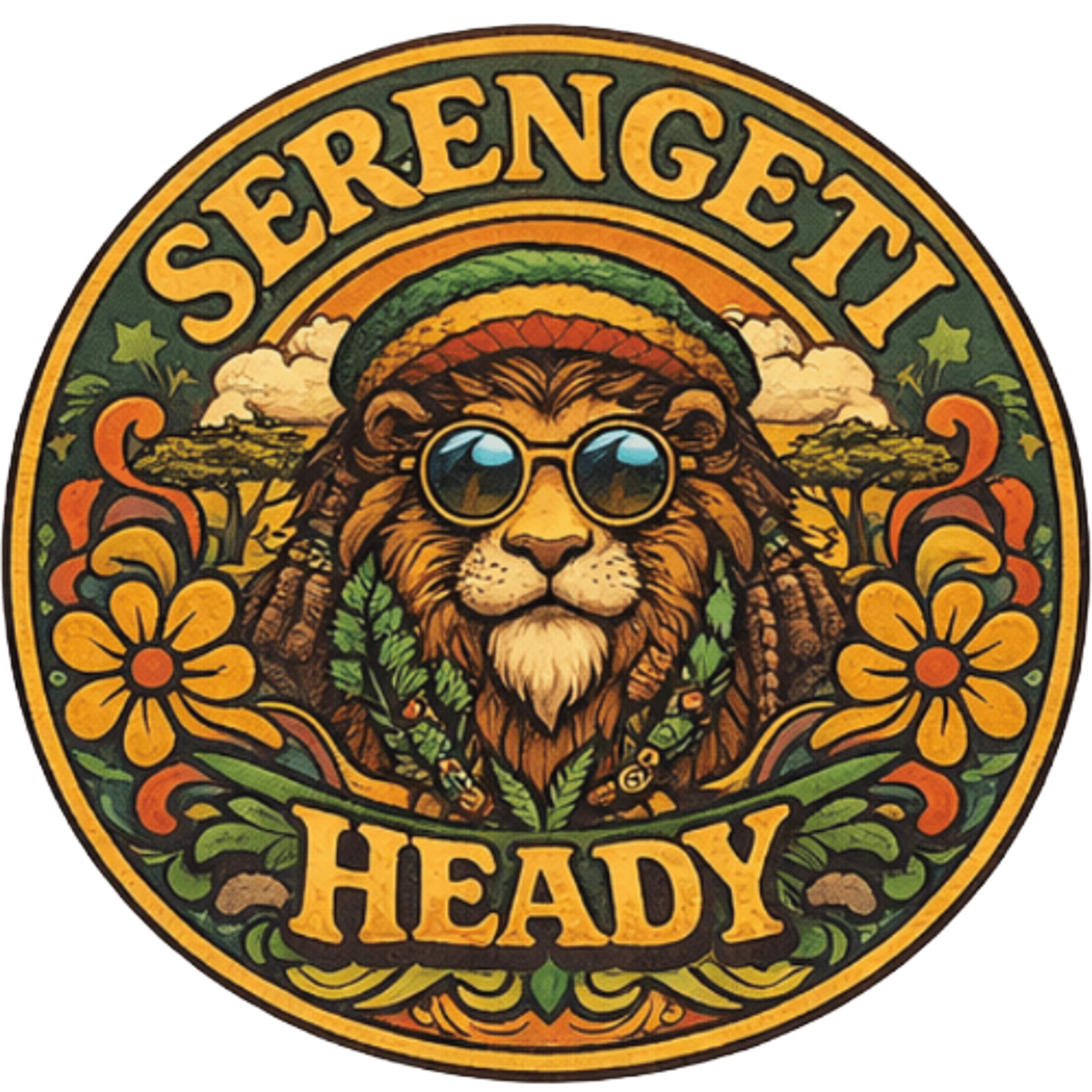 The Lion on hemp-blend tee — Serengeti Heady First Drop